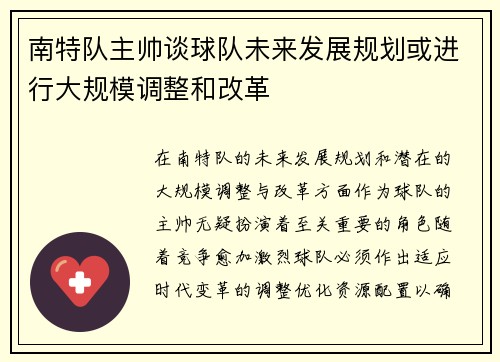 南特队主帅谈球队未来发展规划或进行大规模调整和改革