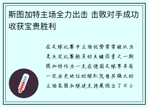 斯图加特主场全力出击 击败对手成功收获宝贵胜利